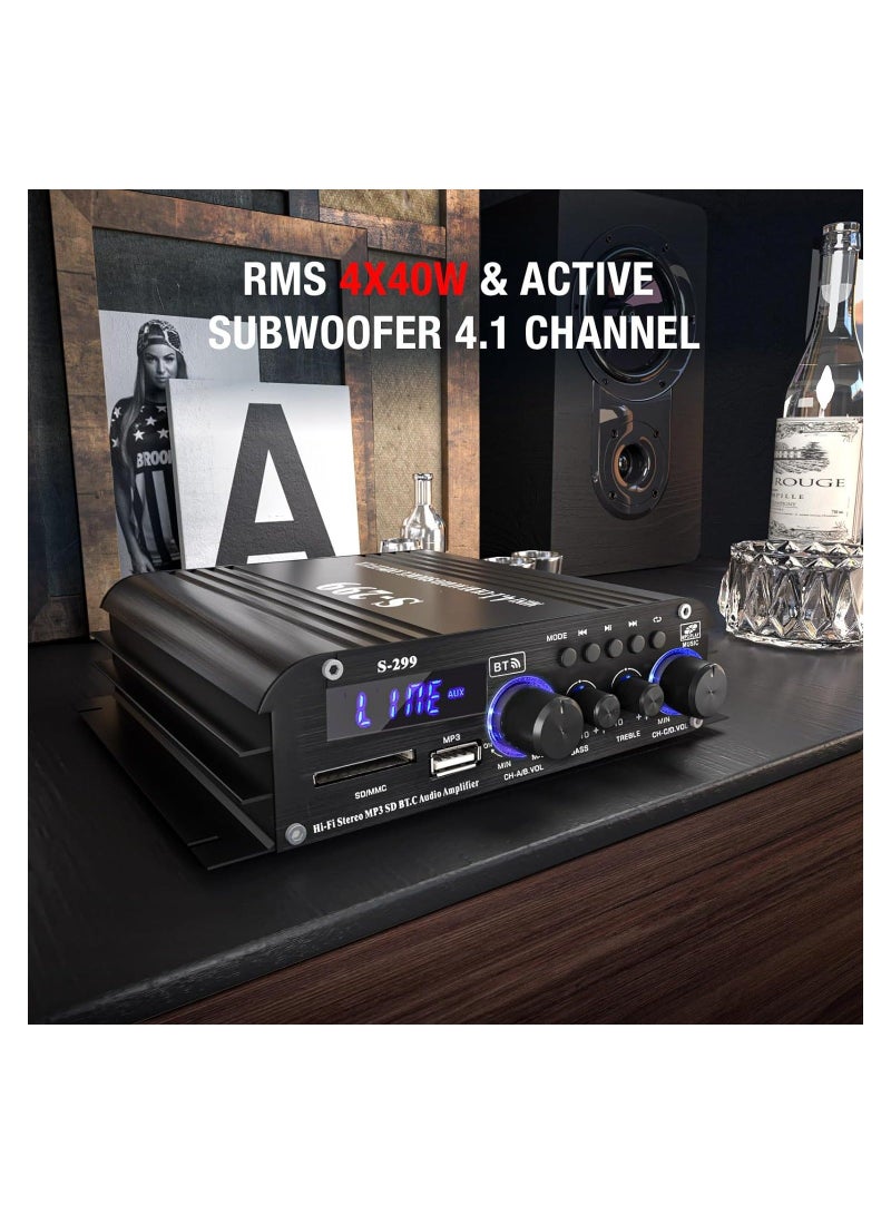 S-299 4.1CH Bluetooth Power Amplifier Active Subwoofer Output (NOT Passive Subwoofer), Max 800W RMS 40W x 4 Subwoofer Amplifier Hi-Fi Integrated Mini Speaker Amp Audio Sub Bass Amp (UK Regulatory) - Image 3