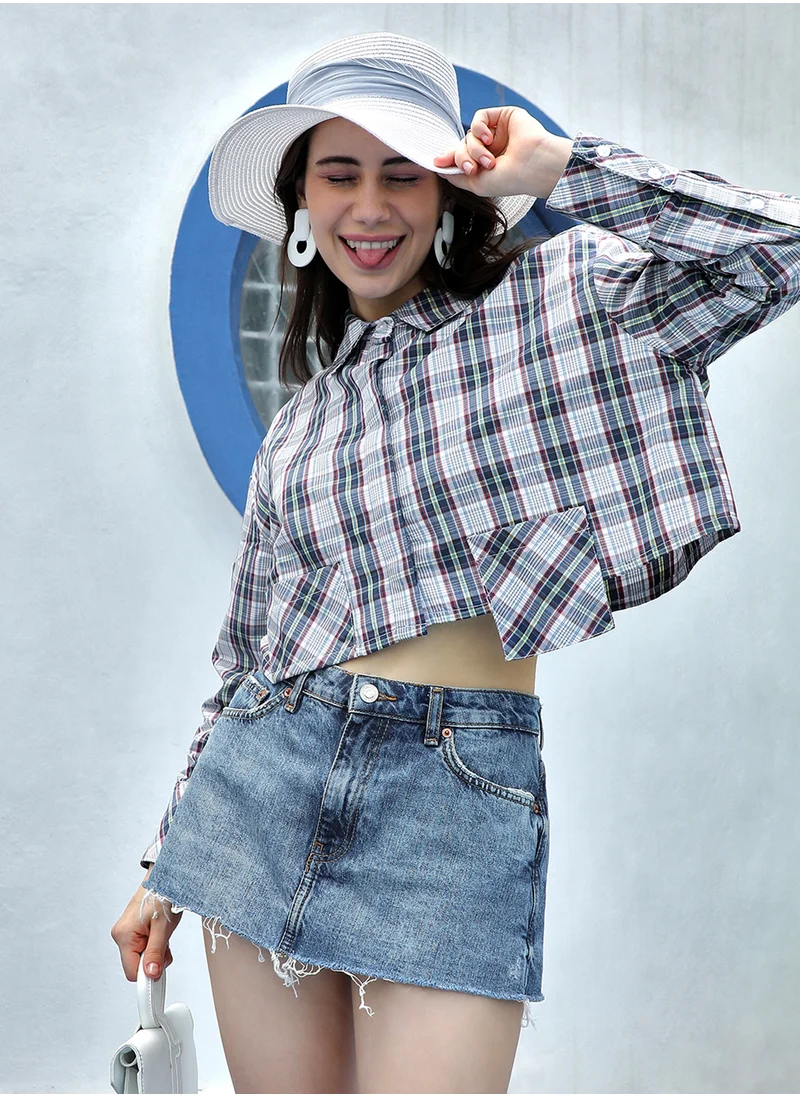 PINACOLADA Women's Indigo Blue & Ivory White Tartan Plaid Crop Shirt