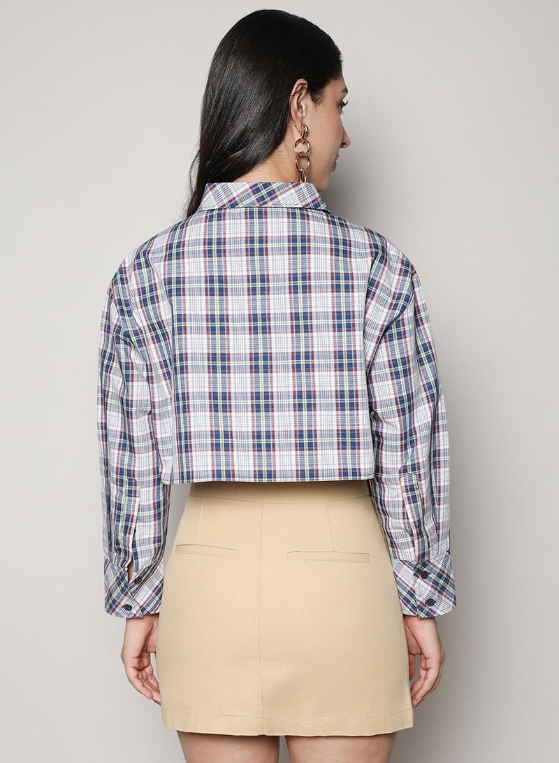 PINACOLADA Women's Indigo Blue & Ivory White Tartan Plaid Crop Shirt  - Image 5