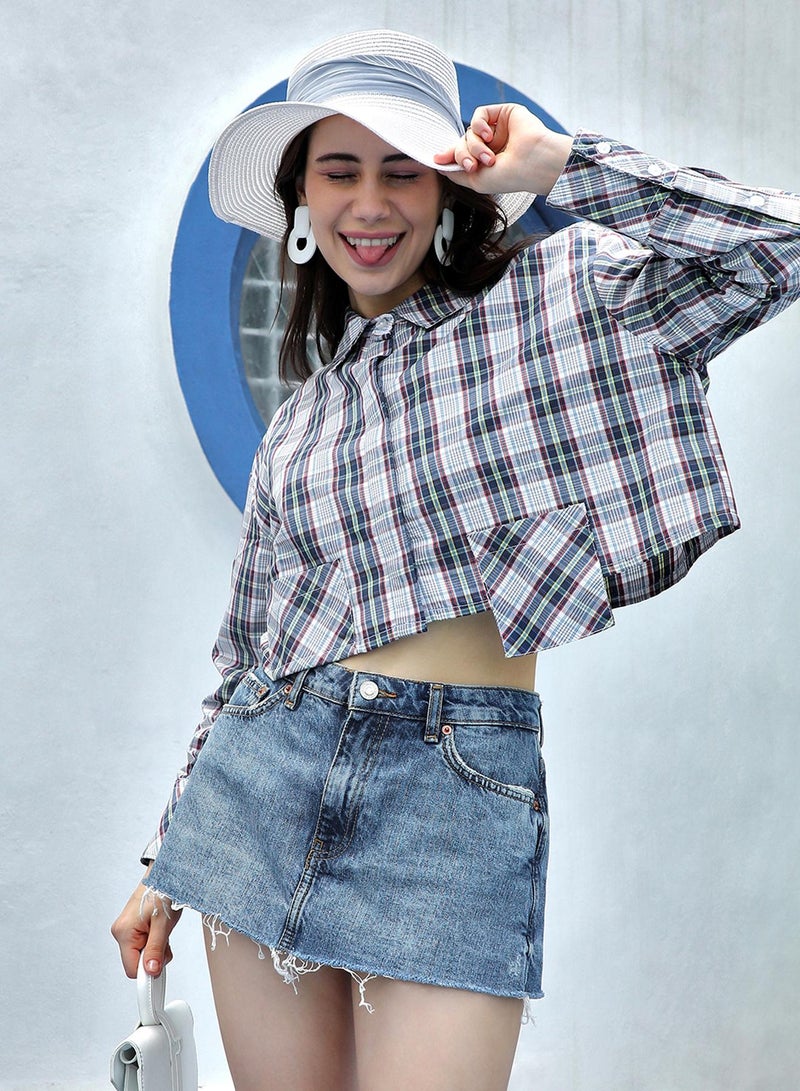 PINACOLADA Women's Indigo Blue & Ivory White Tartan Plaid Crop Shirt  - Image 1
