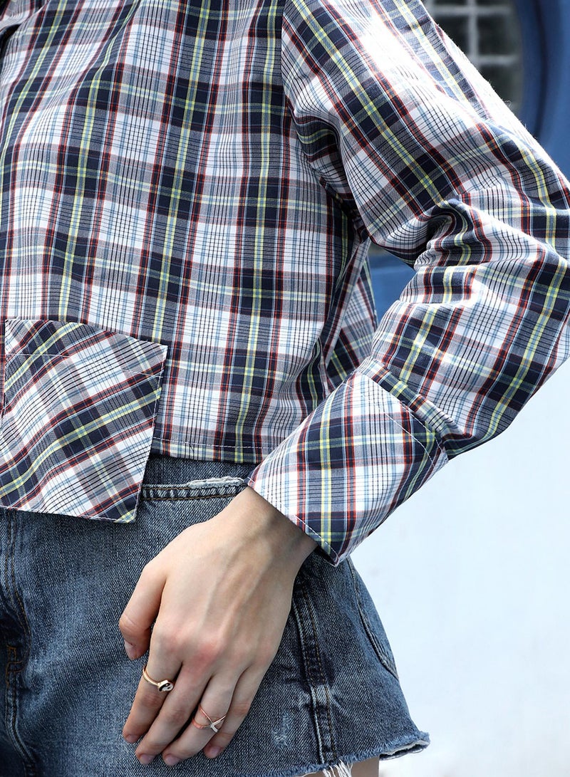 PINACOLADA Women's Indigo Blue & Ivory White Tartan Plaid Crop Shirt  - Image 3