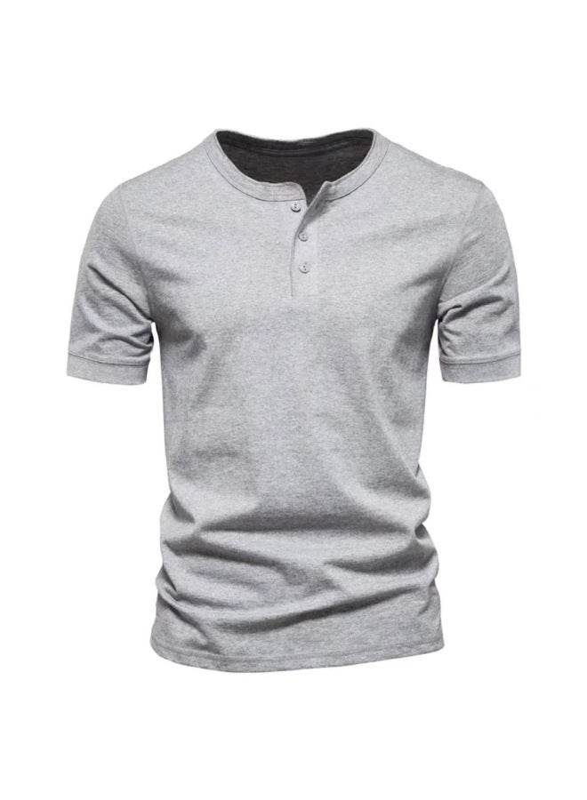 Summer Men's Wear Henley Neck Short Sleeve Solid Color Casual Slim Fit Breathable Undershirt T-shirt