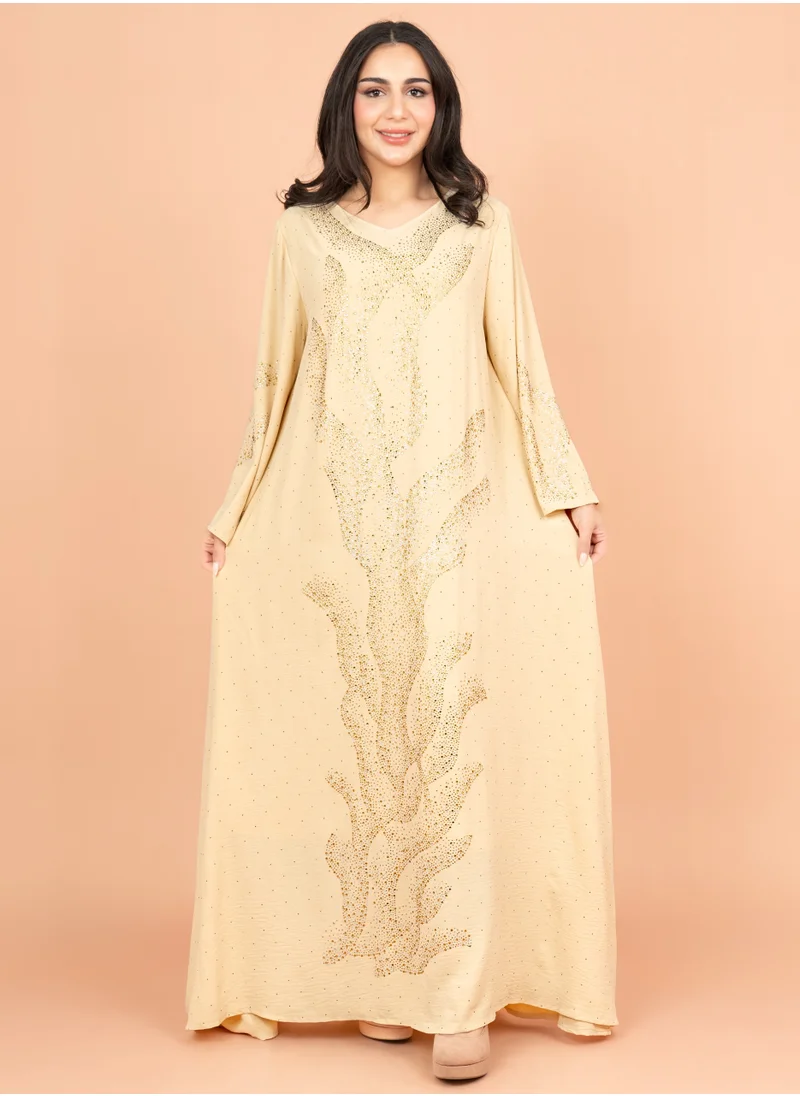 IKKXA Shimmering Crystal Jalabiya with Patterned Crystal Detailing IK6007 Beige