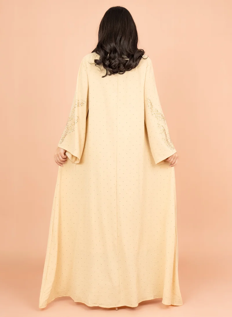 IKKXA Shimmering Crystal Jalabiya with Patterned Crystal Detailing IK6007 Beige