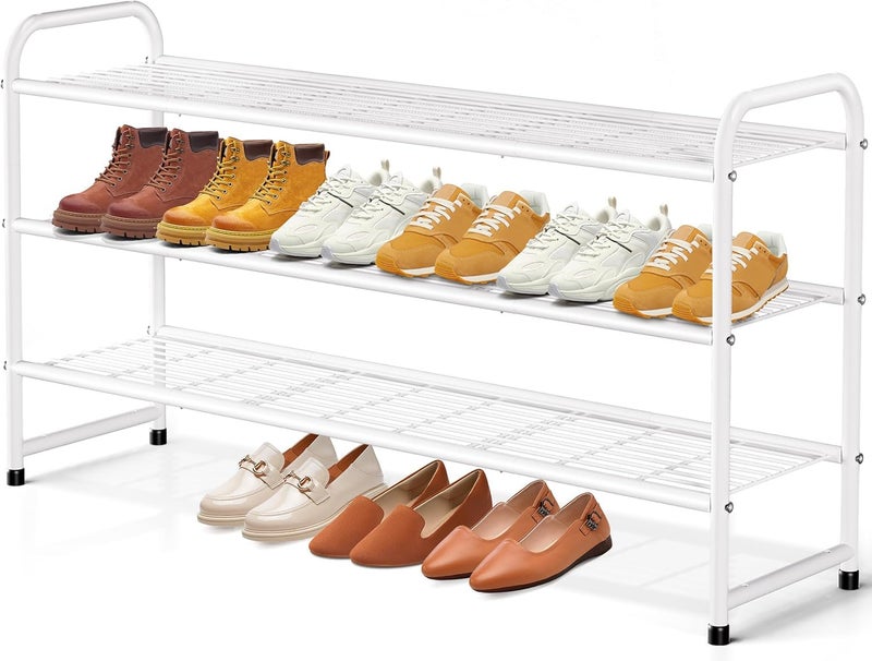 KEETDY 3Tier Long Shoe Rack for Closet Metal Shoe Organizer for Entryway Wide Stackable Shoe Storage Shelf with Sturdy Wire Grid for Closet Floor Bedroom White