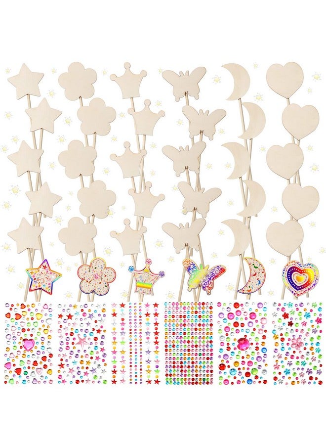 Cindeer - 42 Pcs Princess Fairy Wands Kit Include 36 Pcs Wooden Unfinished Wand Diy Princess Wand With 6 Sheet Colorful Diamond Sticker For Girls Make Your Own Princess Wand Cosplay Costume Party Favor - Image 1