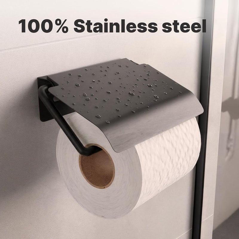 Minismus toilet roll holder with cover, keeps the roll dry and clean, holder including strong adhesive for mounting without drilling and wall screws for secure attachment (Black) - Image 2