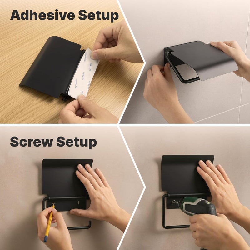 Minismus toilet roll holder with cover, keeps the roll dry and clean, holder including strong adhesive for mounting without drilling and wall screws for secure attachment (Black) - Image 5