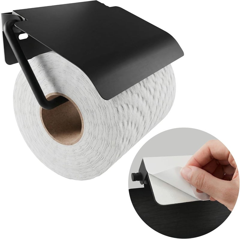 Minismus toilet roll holder with cover, keeps the roll dry and clean, holder including strong adhesive for mounting without drilling and wall screws for secure attachment (Black) - Image 1