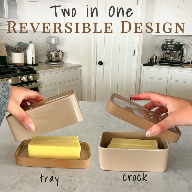 Mora Ceramic Two-in-One Butter Dish with Lid, Covered Butter Crock Container to Leave on Countertop - Large Storage Keeper/Holder for Kitchen, Gifts for Her, Butter Tray For Counter - Chai - Image 2