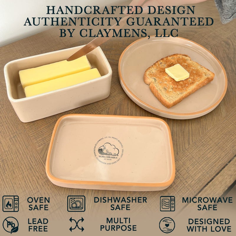 Mora Ceramic Two-in-One Butter Dish with Lid, Covered Butter Crock Container to Leave on Countertop - Large Storage Keeper/Holder for Kitchen, Gifts for Her, Butter Tray For Counter - Chai - Image 4