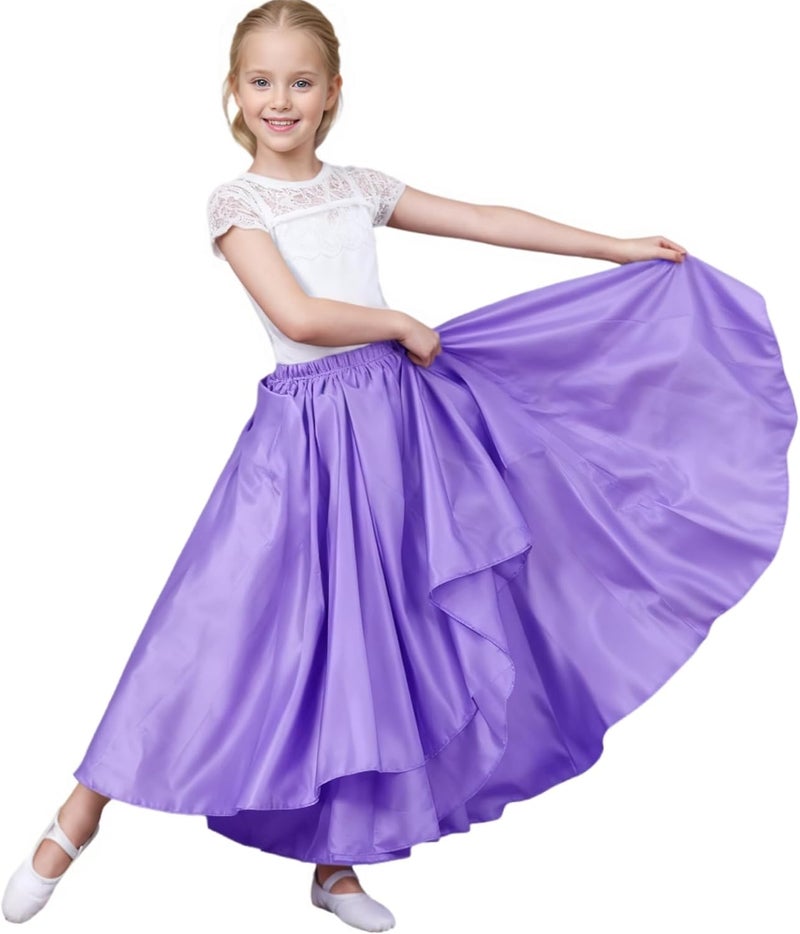 Sancan Girls Belly Latin Dance Skirt - Elastic Waist Ankle Length Full Flowy Circle Dancewear for Dance Practice Training - Image 2