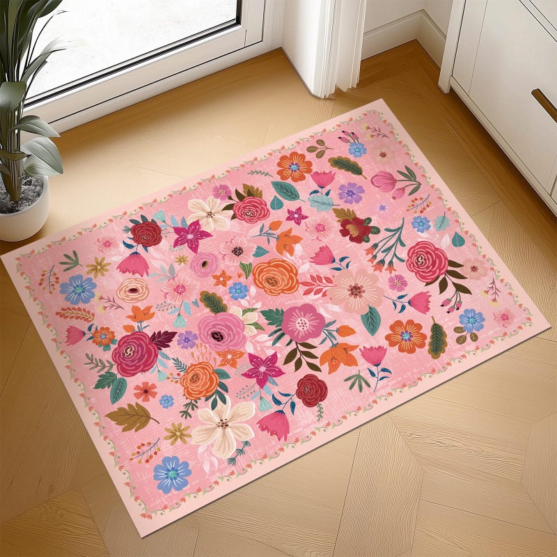 moonysweet Washable Hot Pink Area Rug 5'×7' Hot Pink Boho Large Living Room Rug Floral Non-Slip Soft Oriental Vintage Color Bedroom Carpet Dining Room Nursery Home Office Indoor Decor - Image 1