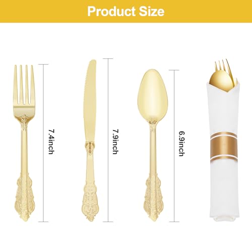 Bestluck 100 Pack Gold Plastic Silverware with Pre Rolled Napkins for 100 Guests Heavyweight Gold Disposable Utensils Sets Includes 300 Plastic Cutlery and 100 Napkins for Party Wedding - Image 5