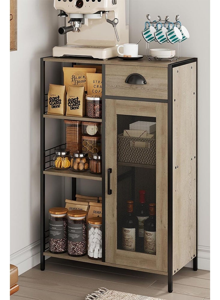 سولاكان طاولة بار قهوة بثلاثة رفوف مع درج تخزين، رف قابل للتعديل بارتفاع ‎35.8‎ بوصة، طاولة محطة قهوة ريفية للمطبخ أو الزاوية أو غرفة الطعام، خزانة مشروبات من الخشب الريفي باللون الرمادي - Image 1