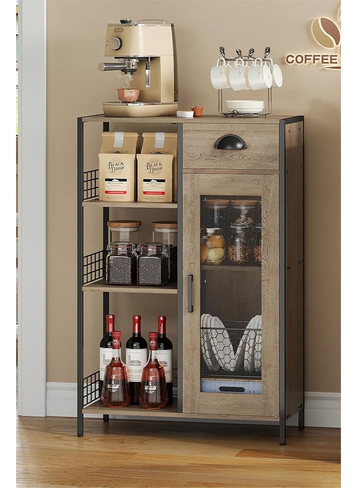 سولاكان طاولة بار قهوة بثلاثة رفوف مع درج تخزين، رف قابل للتعديل بارتفاع ‎35.8‎ بوصة، طاولة محطة قهوة ريفية للمطبخ أو الزاوية أو غرفة الطعام، خزانة مشروبات من الخشب الريفي باللون الرمادي - Image 4