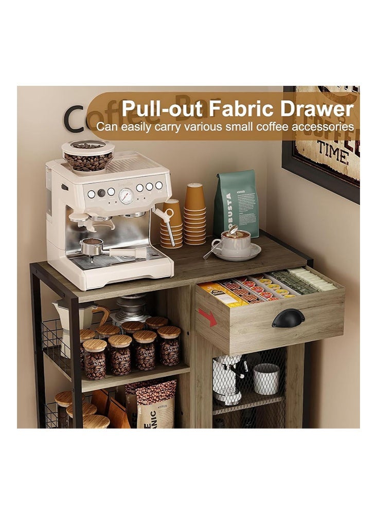 سولاكان طاولة بار قهوة بثلاثة رفوف مع درج تخزين، رف قابل للتعديل بارتفاع ‎35.8‎ بوصة، طاولة محطة قهوة ريفية للمطبخ أو الزاوية أو غرفة الطعام، خزانة مشروبات من الخشب الريفي باللون الرمادي - Image 5