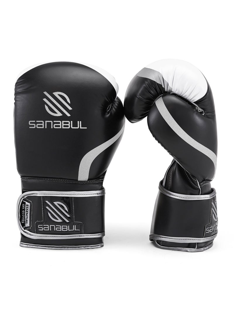 Sanabul  - Essential Gel Boxing Gloves | Pro-Tested Kickboxing Gloves for Men and Women | Ideal for Boxing, MMA, Muay Thai, and Heavy Bag Training Black/Metallic Silver - Image 1