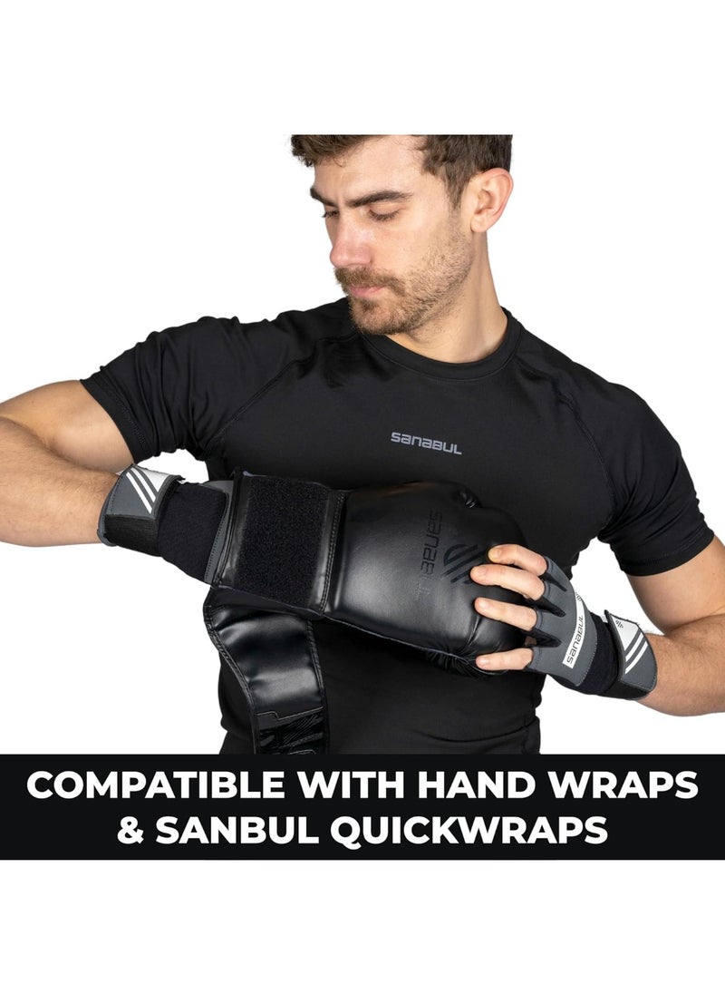 Sanabul  - Essential Gel Boxing Gloves | Pro-Tested Kickboxing Gloves for Men and Women | Ideal for Boxing, MMA, Muay Thai, and Heavy Bag Training Black/Metallic Silver - Image 1
