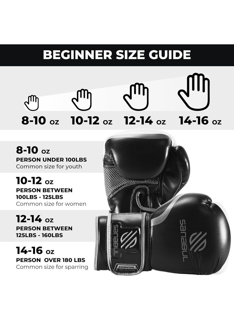 Sanabul  - Essential Gel Boxing Gloves | Pro-Tested Kickboxing Gloves for Men and Women | Ideal for Boxing, MMA, Muay Thai, and Heavy Bag Training Black/Metallic Silver - Image 1