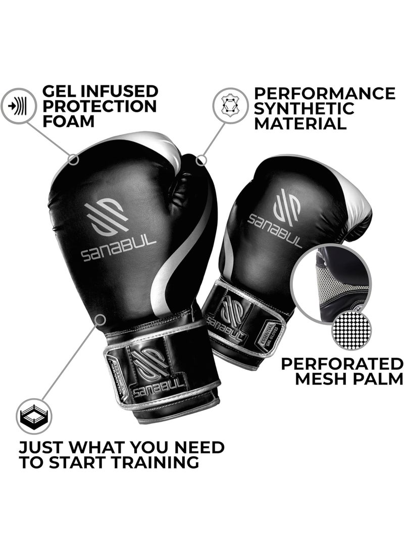 Sanabul  - Essential Gel Boxing Gloves | Pro-Tested Kickboxing Gloves for Men and Women | Ideal for Boxing, MMA, Muay Thai, and Heavy Bag Training Black/Metallic Silver - Image 1