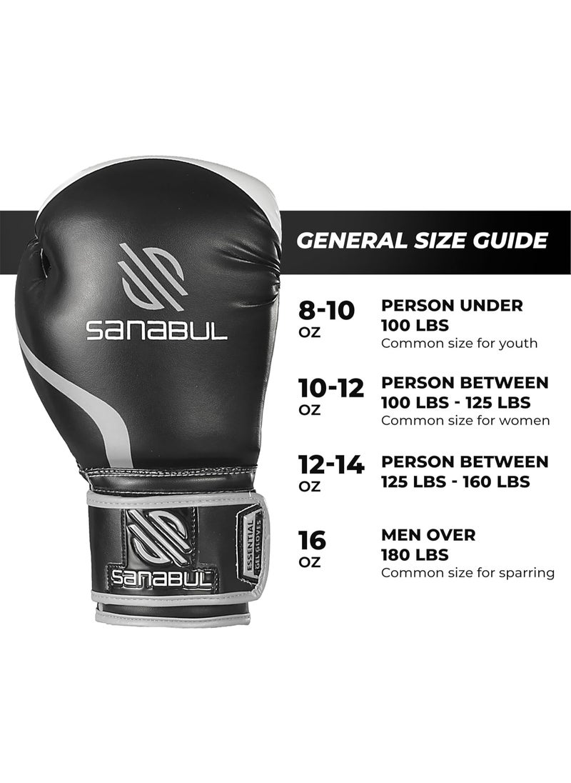 Sanabul  - Essential Gel Boxing Gloves | Pro-Tested Kickboxing Gloves for Men and Women | Ideal for Boxing, MMA, Muay Thai, and Heavy Bag Training Black/Metallic Silver - Image 1