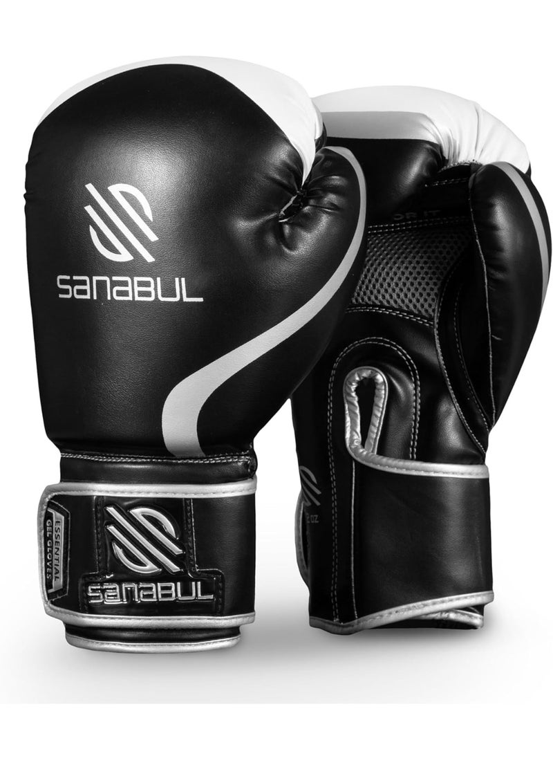 Sanabul  - Essential Gel Boxing Gloves | Pro-Tested Kickboxing Gloves for Men and Women | Ideal for Boxing, MMA, Muay Thai, and Heavy Bag Training Black/Metallic Silver - Image 1