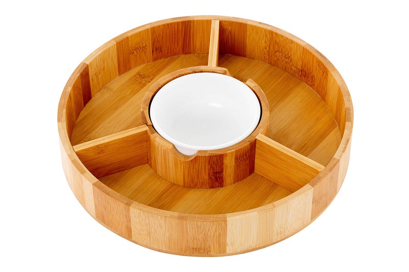 Chip and Dip Serving Bowl  Wooden Appetizer Platter Set with Dip Cup for Salsa Guacamole Nacho Vegetables Taco Chip Snacks and More  12 Inch Diameter Perfect for the BIG GAMES