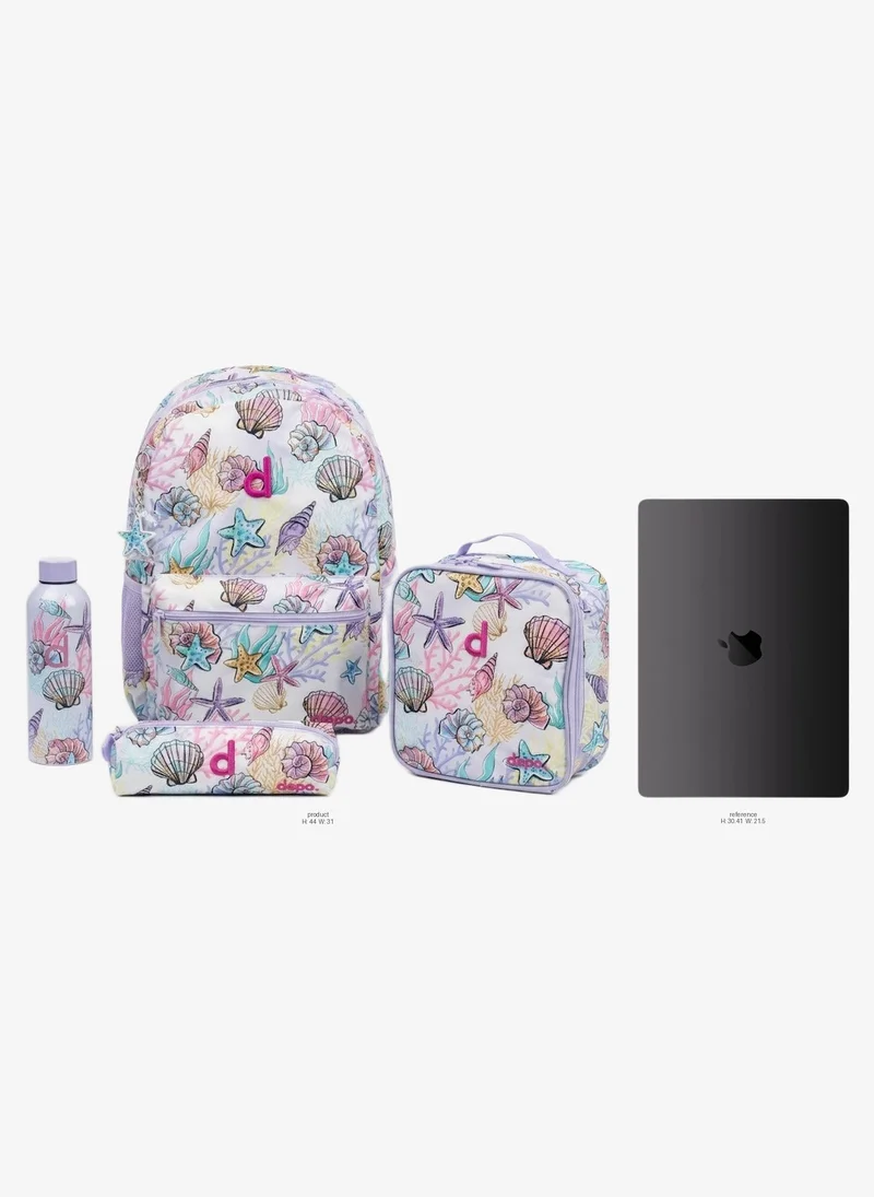 Depo DEPO White & Lavender Ocean Shell Print 4-Piece School Backpack Set – 44cm Backpack, Insulated Lunch Bag, Pencil Case & 500ml 304 Stainless Steel Water Bottle | Lightweight & Water-Resistant
