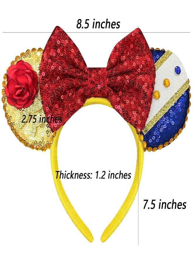 Bmobuo Belle Mouse Ears Headband for Women, Rose Sequin Headband with Red Bows for Princess Costume, Birthday Party - Image 2