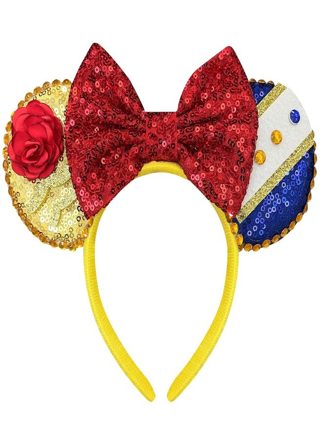 Bmobuo Belle Mouse Ears Headband for Women, Rose Sequin Headband with Red Bows for Princess Costume, Birthday Party - Image 1