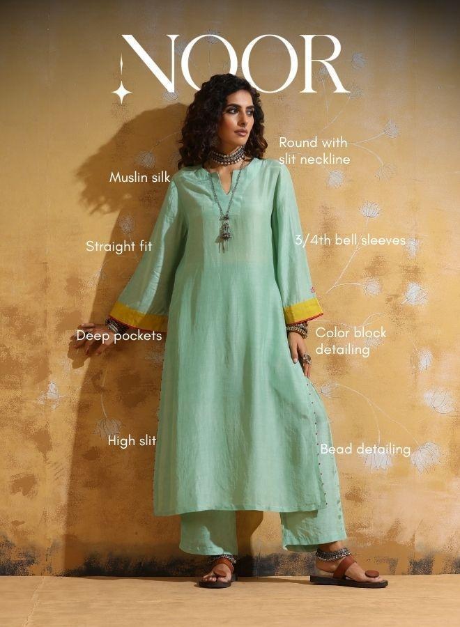 trueBrowns Mint Green Muslin Silk High-Slit Kurta Pant Set - Image 4