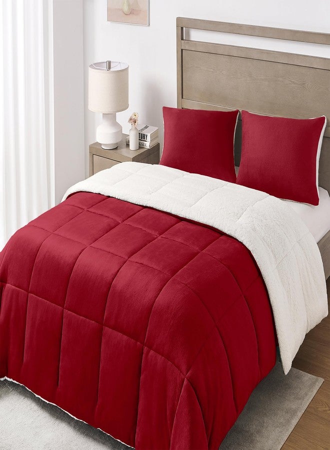 Basic Beyond Twin Comforter Set - Micromink Fleece Sherpa Comforter for Twin Bed, Soft and Warm Twin Bedding Comforter Set for Girls and Boys in Winter, Red, 64"x88" - Image 1