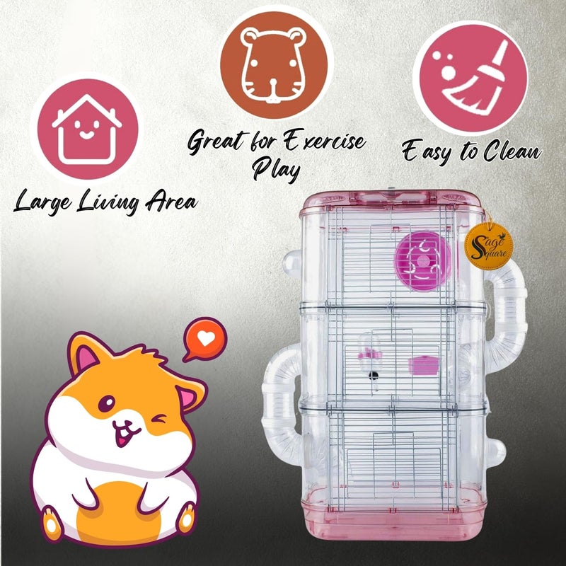 Sage Square قفص هامستر معدني - موطن واسع وقوي للحيوانات الأليفة الصغيرة، مثالي للسفر، عجلة تمرين، نظام قفل آمن، تهوية، ملحقات ممتعة، جربيل، فأر (النوع 4)، متعدد الألوان - Image 3