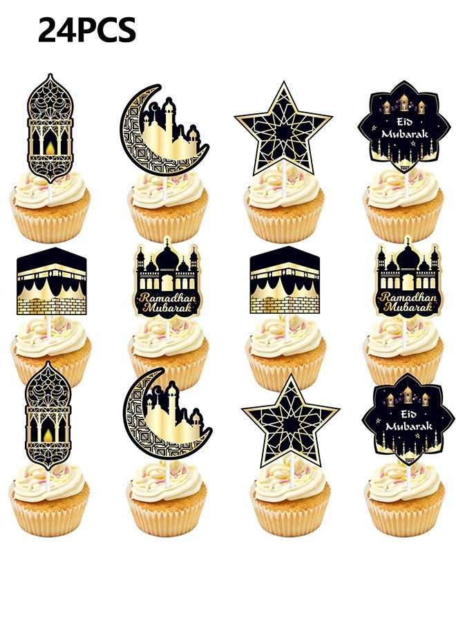 24 Pcs Umrah Mubarak Cake Toppers, Ramadan Mubarak Cupcake Decorations, Muslim Eid al-Fitr Party Decorations Gold Star Moon Toppers  - Image 1
