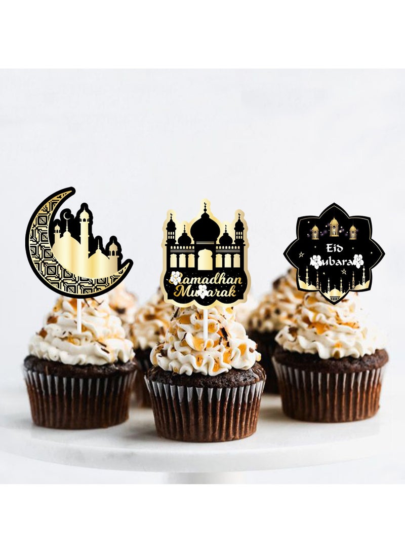 24 Pcs Umrah Mubarak Cake Toppers, Ramadan Mubarak Cupcake Decorations, Muslim Eid al-Fitr Party Decorations Gold Star Moon Toppers  - Image 2