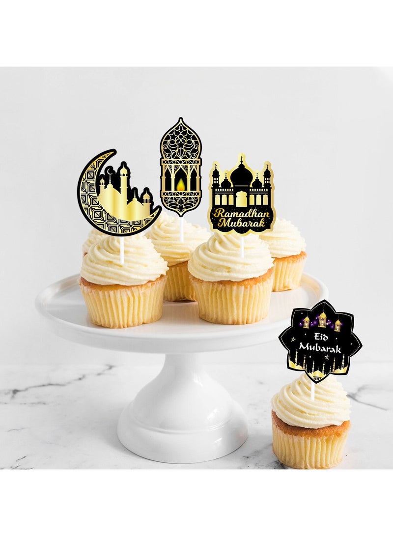 24 Pcs Umrah Mubarak Cake Toppers, Ramadan Mubarak Cupcake Decorations, Muslim Eid al-Fitr Party Decorations Gold Star Moon Toppers  - Image 5