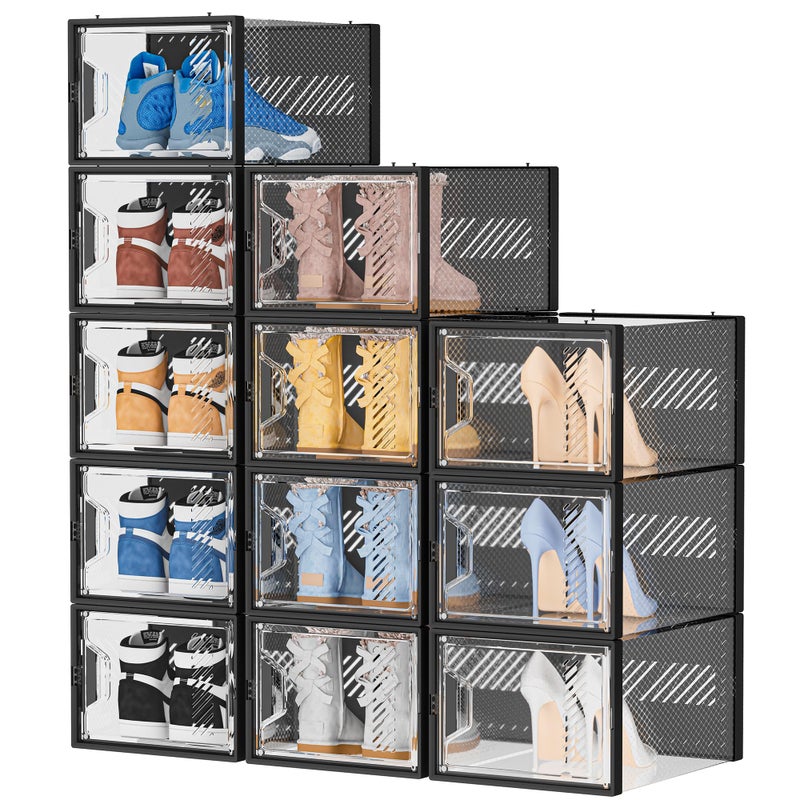 SIMPDIY Shoe Storage, 12 Pack X-Large Shoe Organizer for Closet, Shoe Boxes Clear Plastic Stackable Shoe Storage Boxes for Size 13 - Image 1
