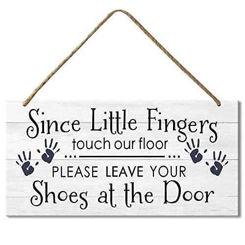 Fenarenes Please Take Your Shoes Off, Remove Your Shoes Sign, Wood Plank Hanging Sign, Since Little Fingers Touch Our Floor 12x6 Inches - Image 1