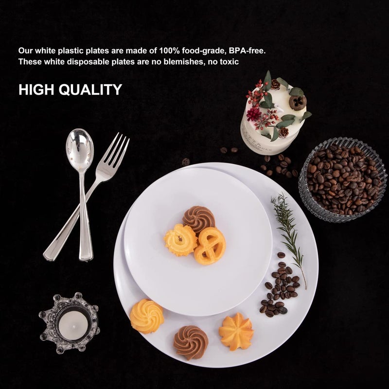 PULOTE 100PCS White Plastic Plates Disposable - Heavyweight 50 White Dinner & 50 Dessert/Salad Plates for Wedding, Party - Image 3