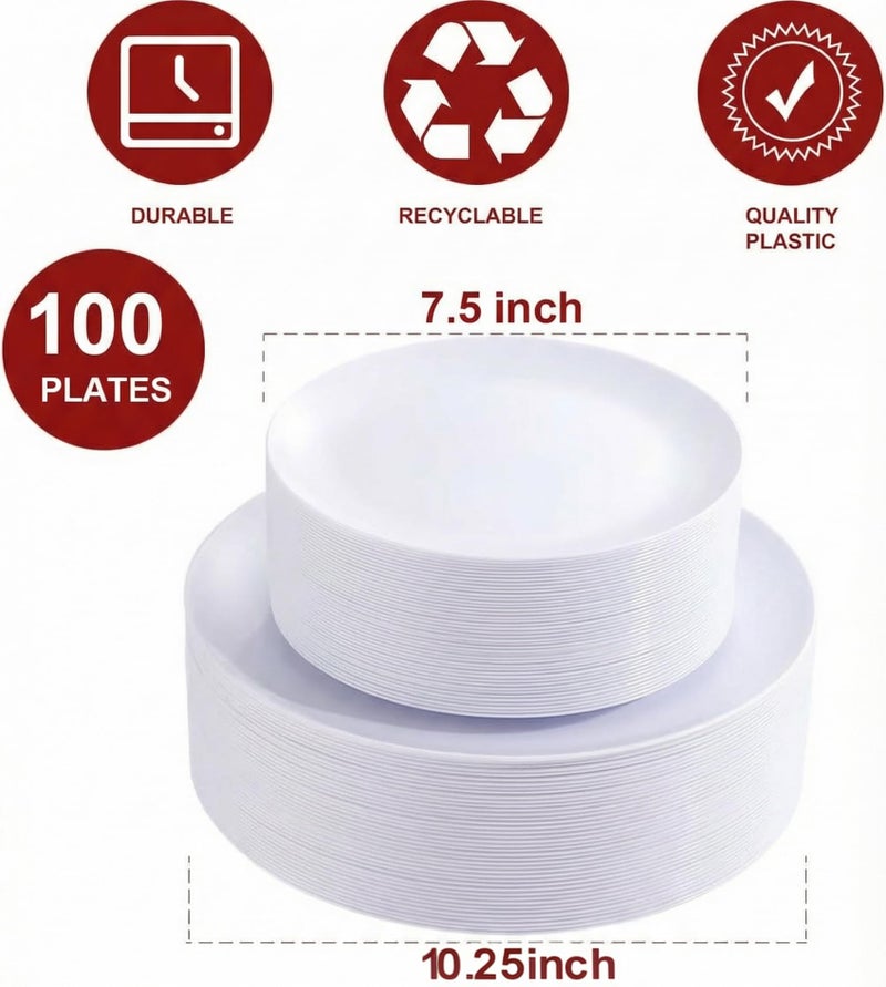 PULOTE 100PCS White Plastic Plates Disposable - Heavyweight 50 White Dinner & 50 Dessert/Salad Plates for Wedding, Party - Image 2