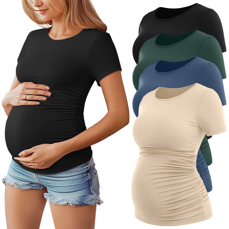 Huukeay 4 Pack Women's Maternity Shirts, Crew Neck Maternity Top Short Sleeve Casual Cotton Tee Side Ruched Pregnancy Clothes(Black, Apricot, Haze Blue, Dark Green,Medium) - Image 1