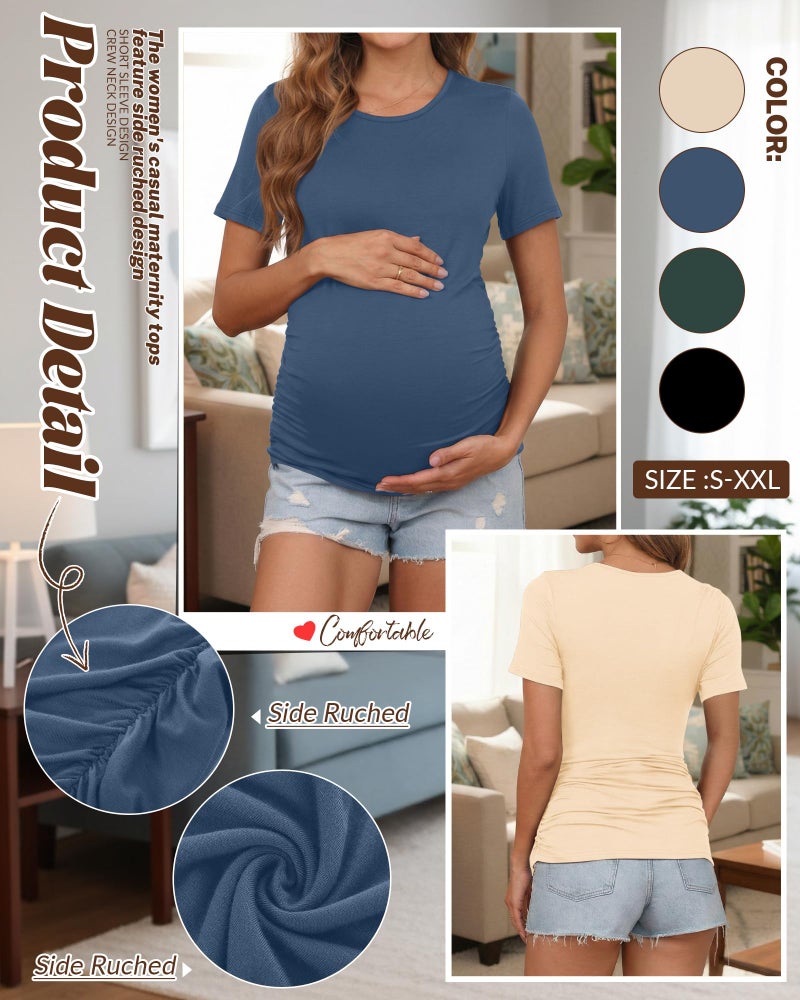 Huukeay 4 Pack Women's Maternity Shirts, Crew Neck Maternity Top Short Sleeve Casual Cotton Tee Side Ruched Pregnancy Clothes(Black, Apricot, Haze Blue, Dark Green,Medium) - Image 5