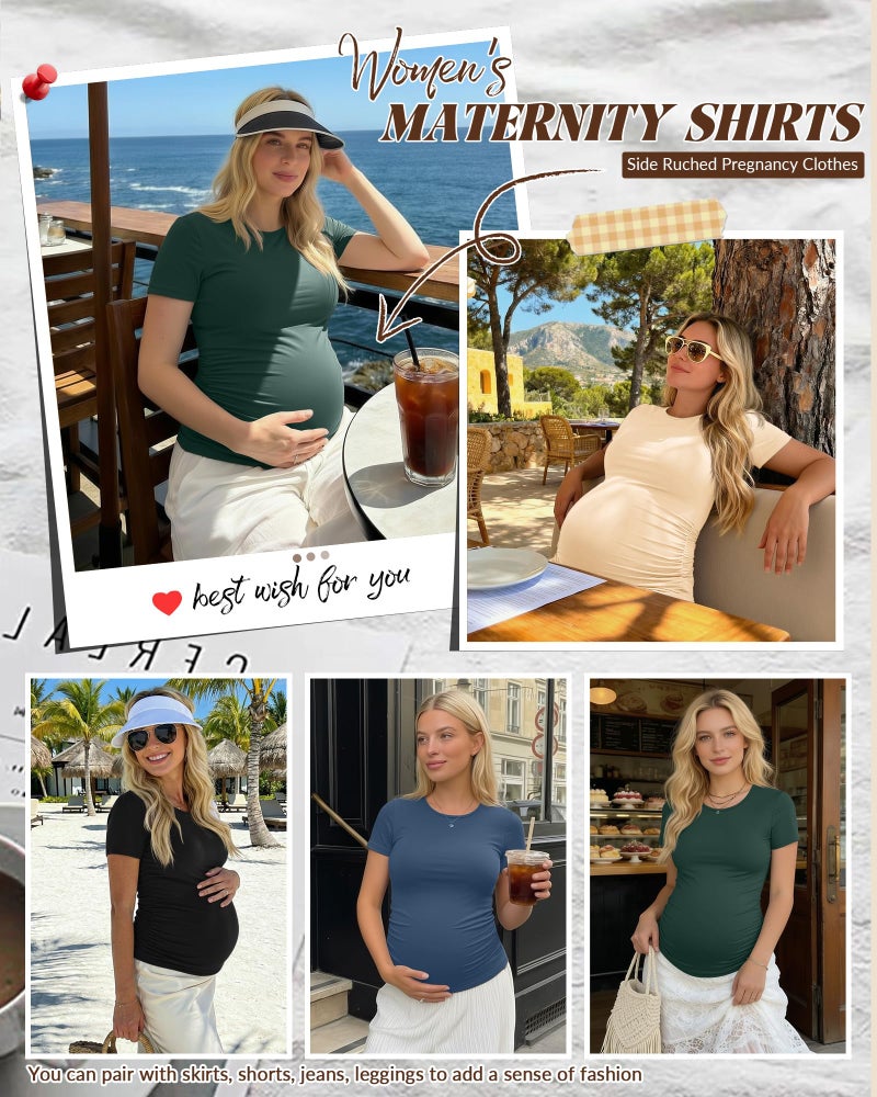 Huukeay 4 Pack Women's Maternity Shirts, Crew Neck Maternity Top Short Sleeve Casual Cotton Tee Side Ruched Pregnancy Clothes(Black, Apricot, Haze Blue, Dark Green,Medium) - Image 2