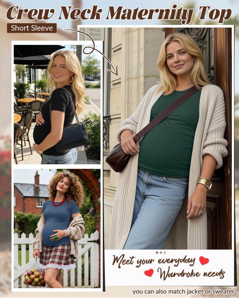 Huukeay 4 Pack Women's Maternity Shirts, Crew Neck Maternity Top Short Sleeve Casual Cotton Tee Side Ruched Pregnancy Clothes(Black, Apricot, Haze Blue, Dark Green,Medium) - Image 3