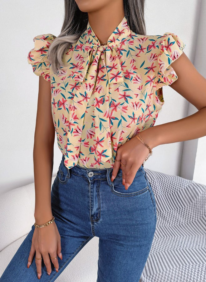 Take Two Beige Floral Sleeveless Tie-Neck Top - Image 3
