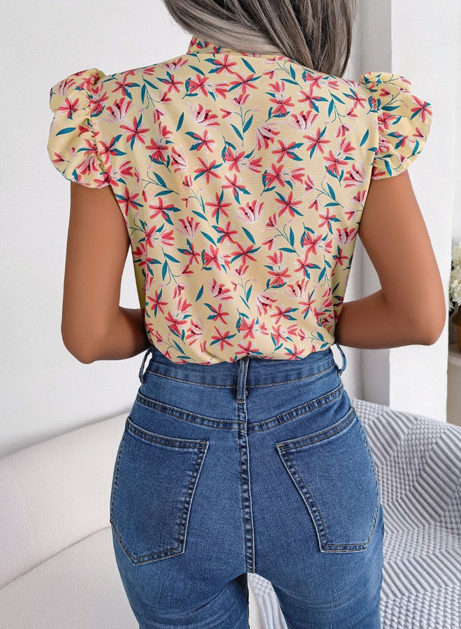 Take Two Beige Floral Sleeveless Tie-Neck Top - Image 4