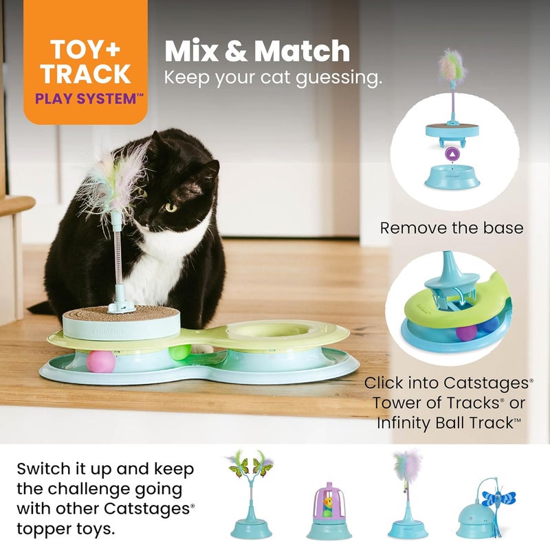 Catstages 2-in-1 Spring Toy Interactive Cat Toy and Topper for Cat Ball Track with Removable Feather Spring Toy and Corrugated Cat Scratcher, Blue - Image 5
