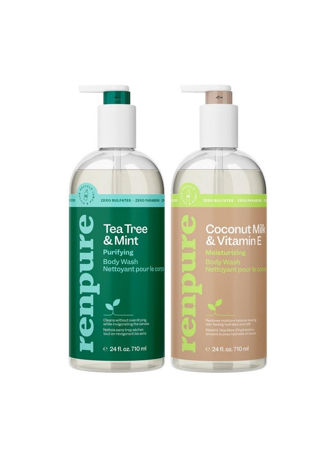 رينبيور غسول الجسم المرطب الخالي من الكبريتات بزيت شجرة الشاي والنعناع وجوز الهند وفيتامين إي للبشرة الجافة والحساسة، صابون الجسم واليدين المضاد للبكتيريا للرجال والنساء والأطفال والصغار، أبيض، 24 أونصة - Image 1