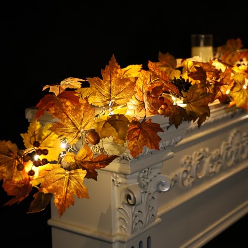 Ghrdopy 6 Ft Artificial Fall Garland with Lights - Autumn Maple Leaf f Thanksgiving Decor Hanging Vine Autumn Foliage Garland Used for Home Wedding Party Decor - Image 2